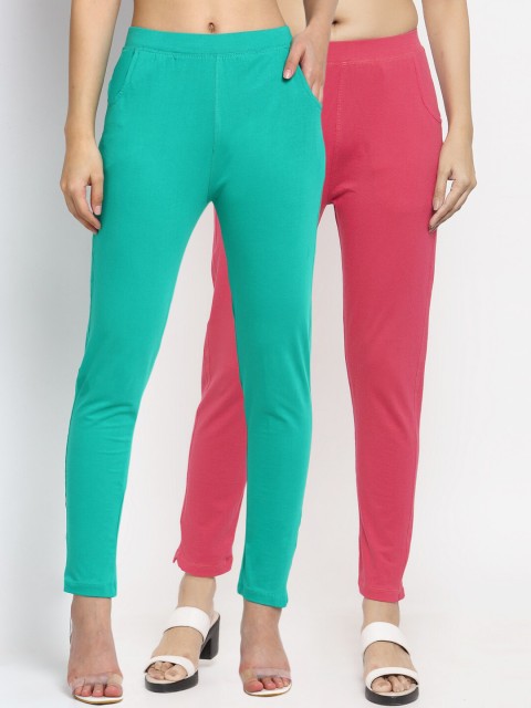 

NEUDIS Women Pack of 2 Teal Blue & Pink Lycra Cotton Ankle Length Leggings