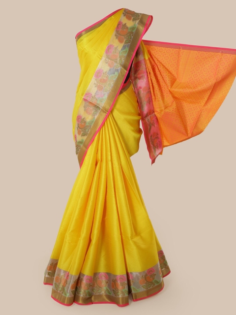 

Pothys Yellow & Orange Cotton Blend Woven Design Chanderi Saree