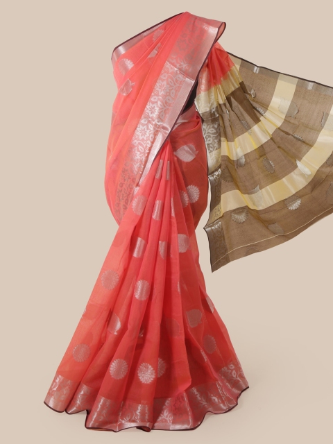 

Pothys Peach-Coloured Cotton Blend Woven Design Chanderi Saree
