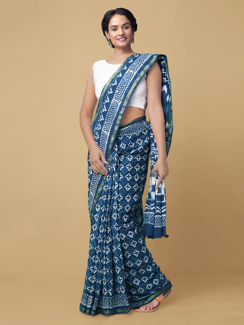 

Unnati Silks Blue Pure Cotton Printed Dabu Saree