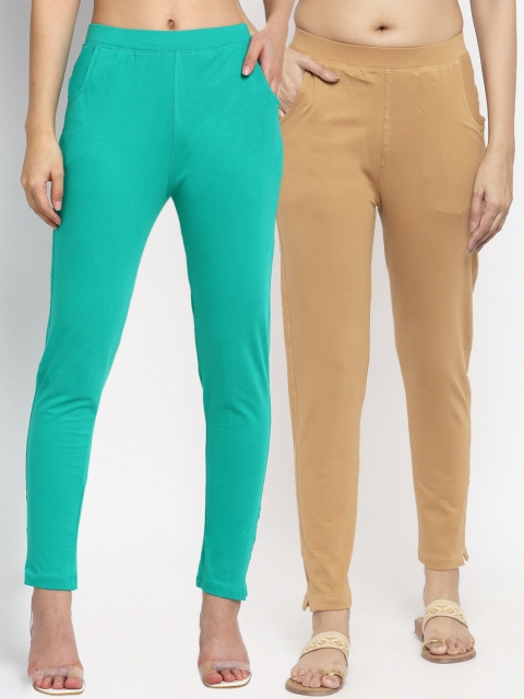 

NEUDIS Women Pack of 2 Teal Blue & Beige Cotton Ankle Length Leggings