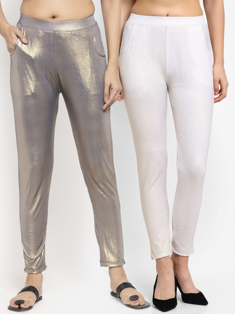 

NEUDIS Women Pack of 2 Grey & White Solid Ankle Length Leggings