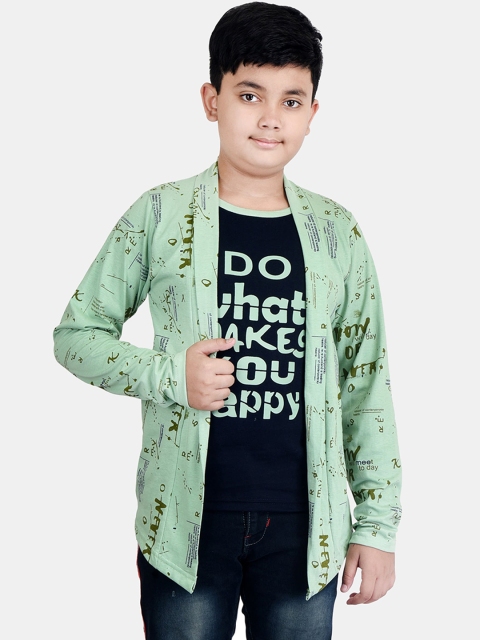 

Fabshio Boys Green Typography Printed T-shirt with Attached Shrug