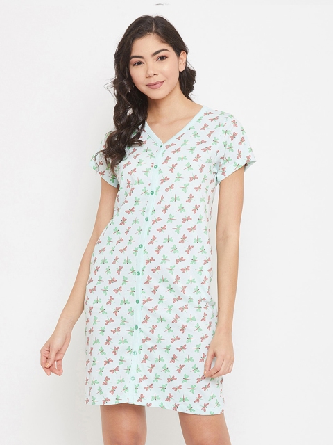 

Clovia Green & Pink Printed Cotton Sleep Shirt
