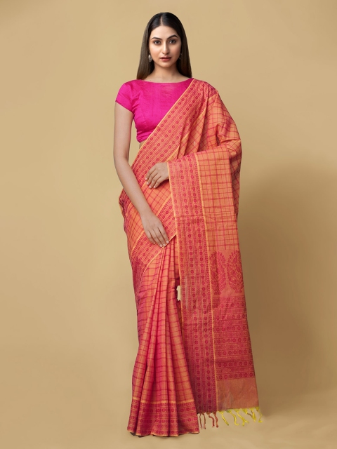 

Unnati Silks Orange & Pink Pure Cotton Checked Mysore Silk Saree