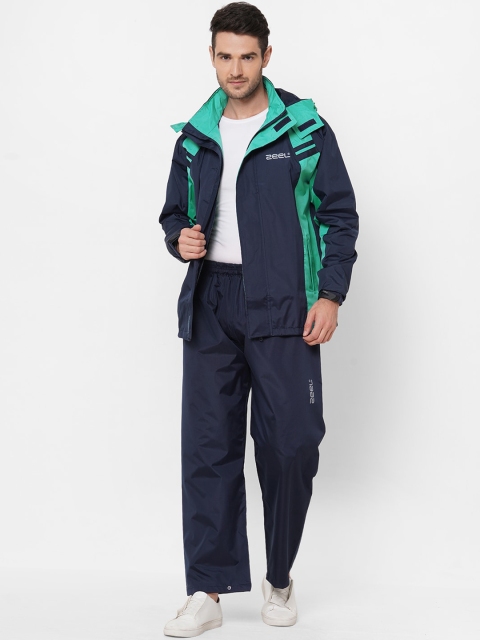 

Zeel Men Navy Blue & Sea-Green Colourblocked Hooded Rain Suit