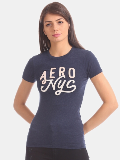 

Aeropostale Women Navy Blue Brand Applique Round Neck T-shirt
