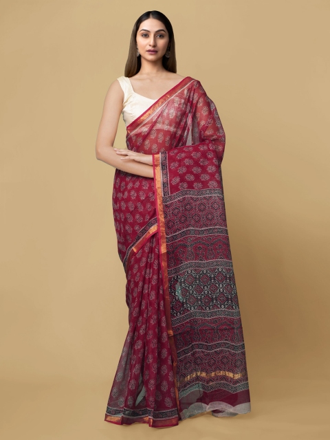 

Unnati Silks Maroon & Black Pure Cotton Printed Kota Saree