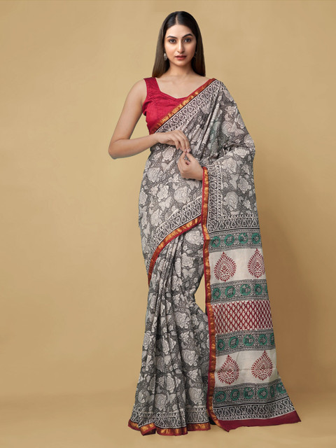 

Unnati Silks Grey & Off-White Pure Cotton Printed Bagru Saree
