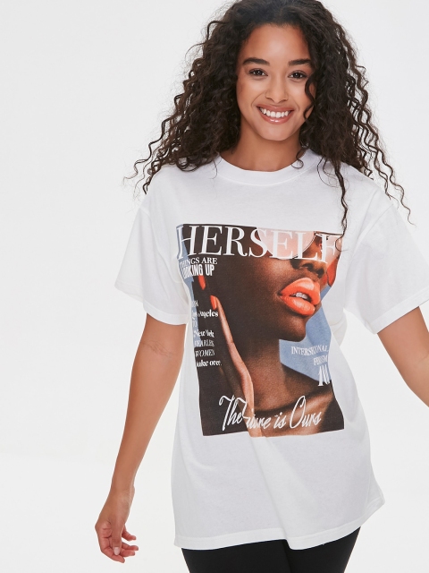 

FOREVER 21 Women White Graphic Printed Regular Top