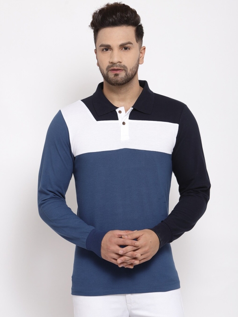 

Kalt Men Blue & White Colourblocked Polo Collar T-shirt