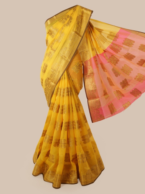 

Pothys Yellow Cotton Blend Woven Design Chanderi Saree