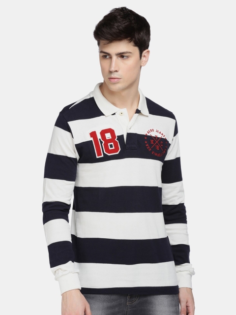 

Aeropostale Men White & Navy Blue Striped Polo Collar T-shirt