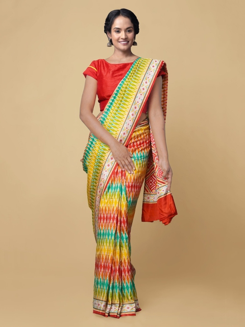 

Unnati Silks Green & Yellow Pure Crepe Printed Patola Saree