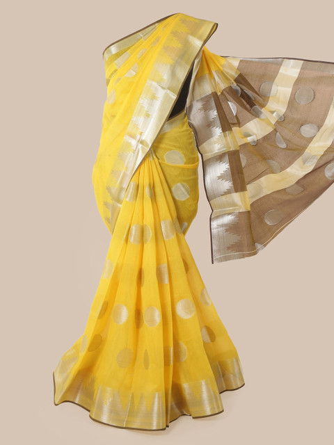 

Pothys Yellow Cotton Blend Woven Design Chanderi Saree