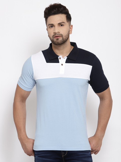 

Kalt Men Blue & White Colourblocked Polo Collar T-shirt