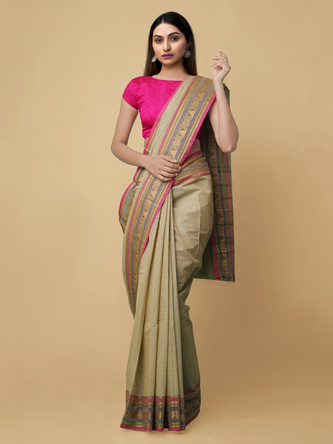 

Unnati Silks Beige Pure Cotton Solid Uppada Handloom Saree