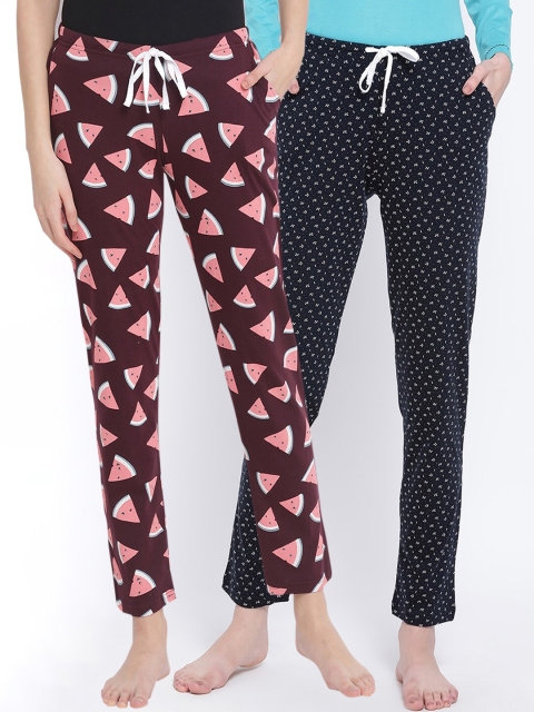 

Kanvin Women Pack of 2 Printed Pure Cotton Lounge Pants, Burgundy