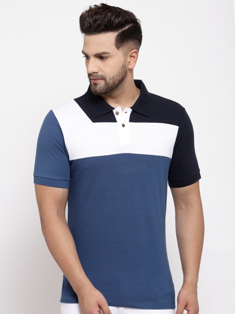 

Kalt Men Blue & White Colourblocked Polo Collar T-shirt