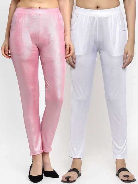 

NEUDIS Women Pack Of 2 Solid Ankle-Length Shimmer Leggings, White