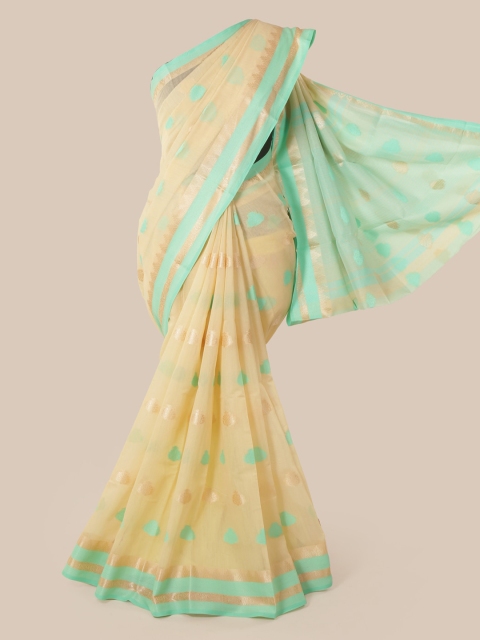 

Pothys Cream-Coloured & Sea Green Cotton Blend Woven Design Chanderi Saree