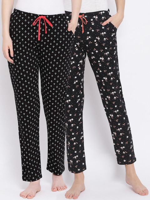 

Kanvin Women Pack of 2 Black & White Printed Pure Cotton Lounge Pants