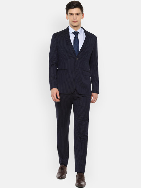 

Luxure by Louis Philippe Men Navy Blue & White Striped Slim-Fit Single-Breasted Two-Piece Formal Suit