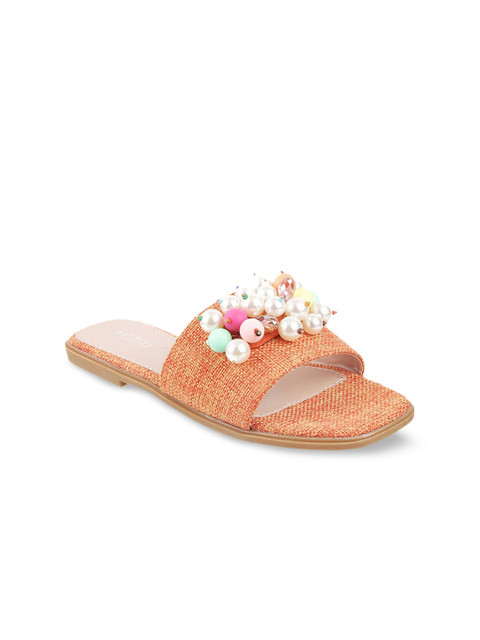 

Metro Women Orange Woven Design Beaded Open Toe Flats