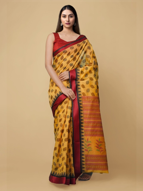

Unnati Silks Yellow & Orange Silk Cotton Printed Baluchari Saree