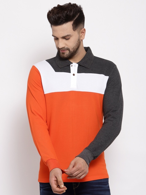 

Kalt Men Orange & White Colourblocked Polo Collar T-shirt
