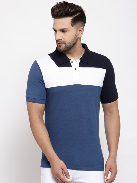 

Kalt Men Blue & White Colourblocked Polo Collar T-shirt