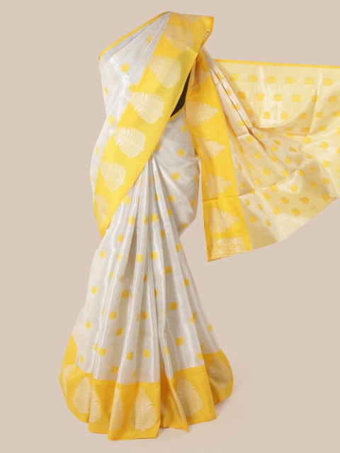 

Pothys Silver-Toned & Yellow Cotton Blend Woven Design Chanderi Saree
