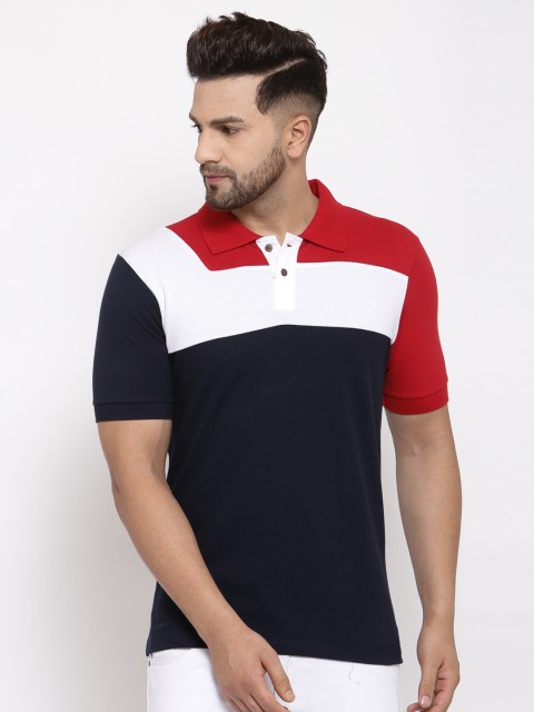 

Kalt Men Navy & White Colourblocked Polo Collar T-shirt, Navy blue
