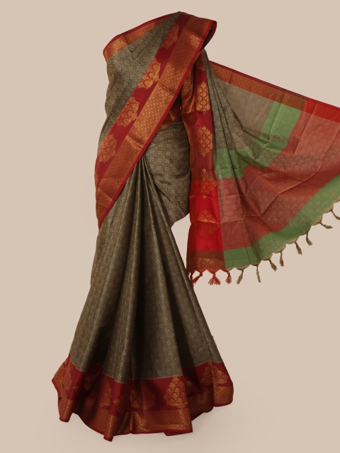 

Pothys Brown & Red Cotton Blend Woven Design Chanderi Saree