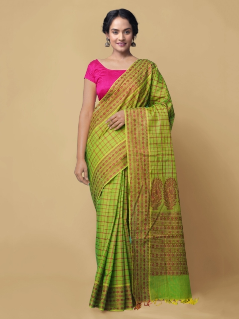 

Unnati Silks Green Pure Cotton Checked Mysore Silk Saree