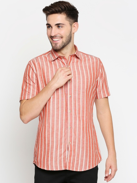 

EVOQ Men Peach-Coloured & White Regular Fit Striped Linen Casual Shirt