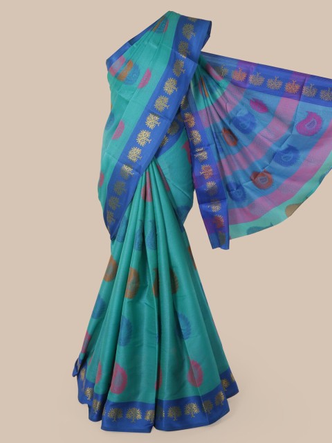 

Pothys Blue Cotton Blend Printed Chanderi Saree