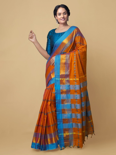 

Unnati Silks Orange Silk Cotton Woven Design Handloom Narayan Peth Sustainable Saree