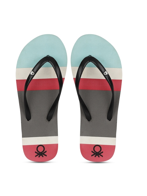 

United Colors of Benetton Women Charcoal Grey & Sea Green Striped Thong Flip Flops