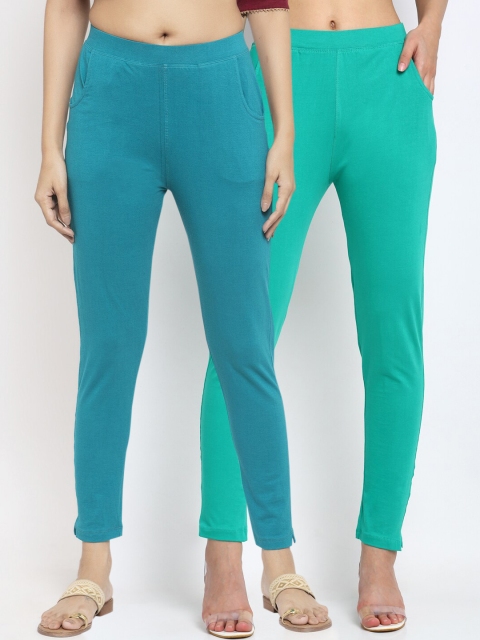 

NEUDIS Women Pack Of 2 Solid Ankle-Length Leggings, Sea green