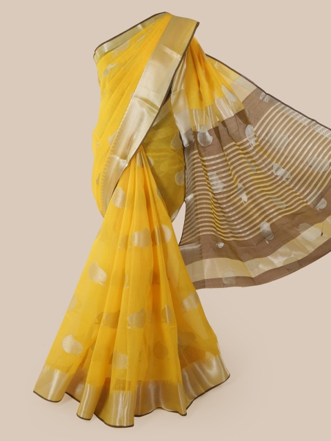 

Pothys Yellow & Brown Cotton Blend Woven Design Chanderi Saree