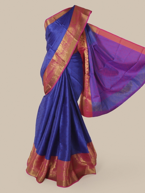 

Pothys Blue Cotton Blend Printed Chanderi Saree
