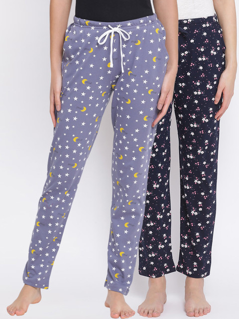 

Kanvin Women Pack of 2 Printed Pure Cotton Lounge Pants, Navy blue