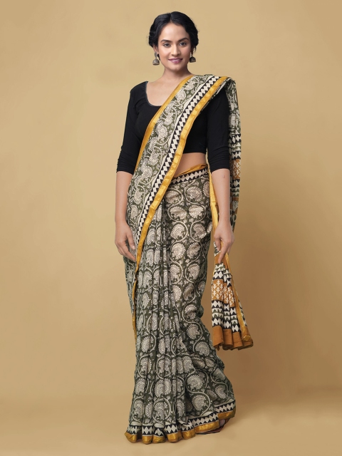 

Unnati Silks Women Olive Green & White Pure Bagru Printed Mulmul Cotton Saree