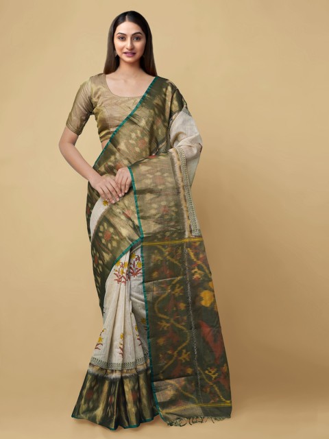 

Unnati Silks Cream-Coloured & Green Silk Cotton Printed Chanderi Saree