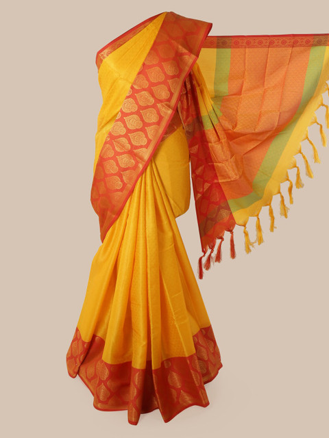 

Pothys Yellow & Orange Cotton Blend Woven Design Chanderi Saree