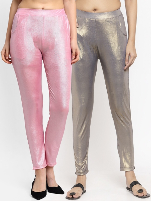 

NEUDIS Women Pack of 2 Pink & Grey Shimmer Ankle Length Leggings