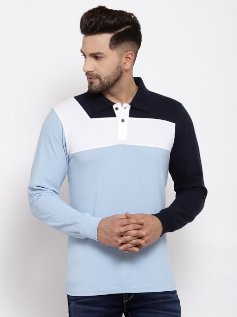 

Kalt Men Blue & White Colourblocked Polo Collar T-shirt