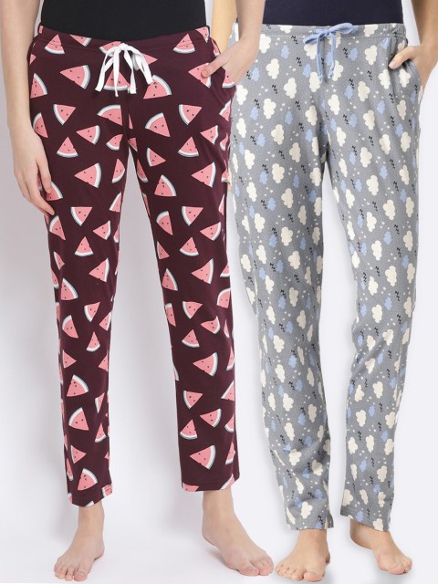 

Kanvin Women Pack of 2 Printed Pure Cotton Lounge Pants, Burgundy