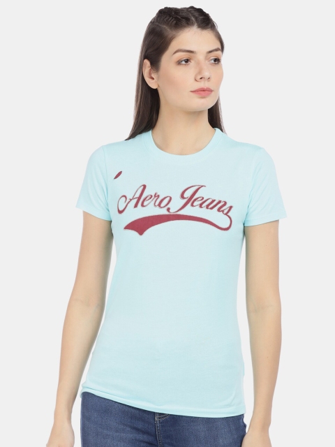 

Aeropostale Women Blue Pure Cotton Brand Applique Round Neck T-shirt
